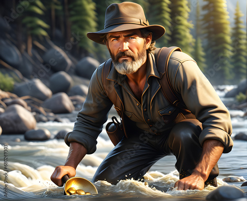 Golden Pursuit: Prospector Relives the Gold Rush Era, Panning for Treasure in a Rushing River. generative AI