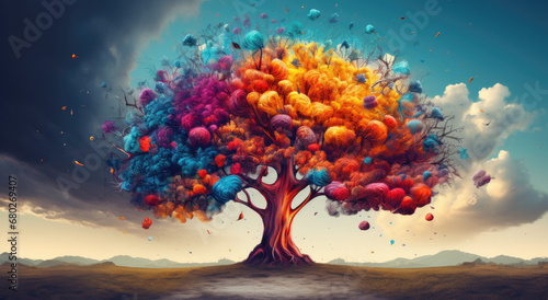 Mind's Explosion: Human Brain Tree representing artificial intelligence, Styled with Colorful Explosions, Vibrant Colorism