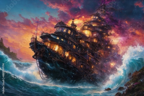 the ship is a ship on the ocean with a beautiful landscape. the ship is a ship on the ocean with a beautiful landscape. beautiful sunset in the sea