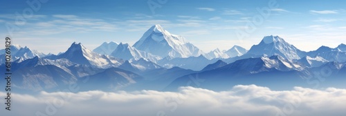 Himalayas: Majestic Range Above the Clouds in Nepal - Scenic Horizontal Panoramic View of Snowy Landscape
