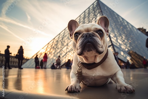 Group portrait photography of a curious bulldog being in front of a famous landmark against planetariums background. With generative AI technology
