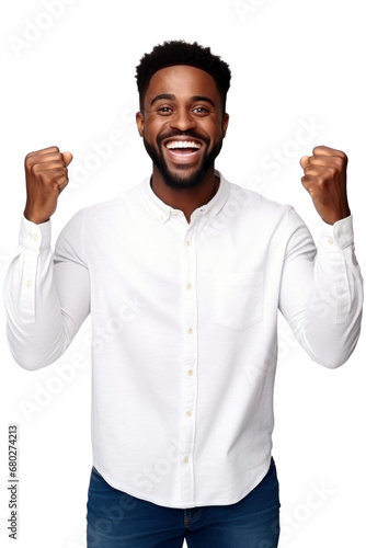Portrait of a happy handsome african american businessman smiling and raising hands isolated on transparent background. png
