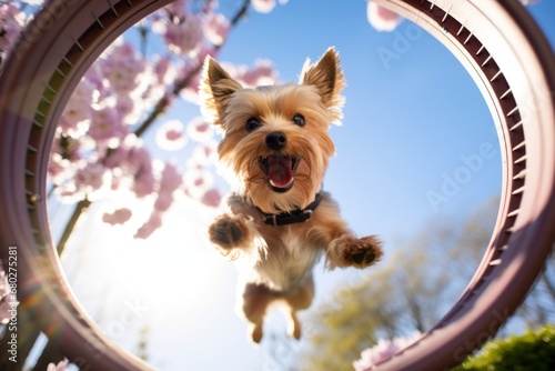 Headshot portrait photography of a curious yorkshire terrier jumping through a hoop against cherry blossom parks background. With generative AI technology