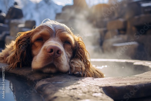 Lifestyle portrait photography of a happy cocker spaniel sleeping against geysers and hot springs background. With generative AI technology