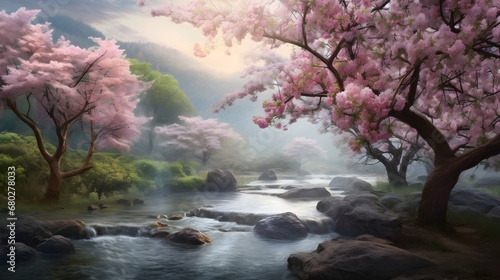 cherry trees fallowing river green grace beautiful landscape