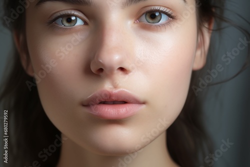 Close up beautiful face, young girl with natural beauty. Freshskin Beauty, glow skin without makeup. Part of face, cosmetology concept. Cosmetics, beauty products. Rhinoplasty.