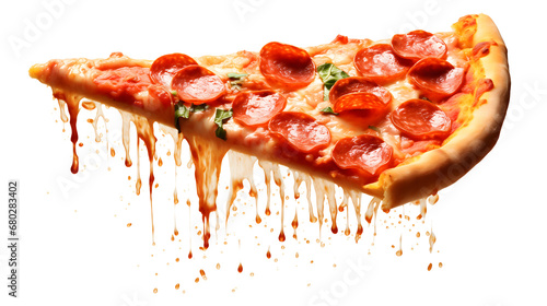 Delicious tasty slice of pepperoni pizza flying on transparent background 