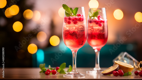 Homemade two glasses of boozy refreshing Christmas cranberry punch with champagne on blurred lights background. Generative AI Illustration