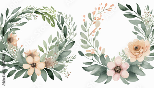 Watercolor set of flower wreaths with neutral flowers and leaves. Arrangement for greeting cards, stationery, wedding invitations and decorations. Hand painted