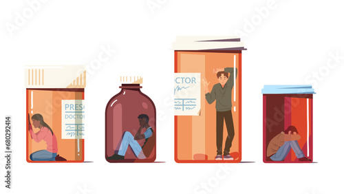 Drug addicted people trapped inside pill bottles
