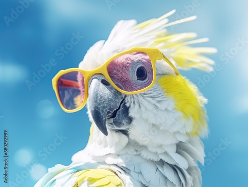 Parrot in sunglasses. Close-up portrait of a parrot. Anthopomorphic creature. A fictional character for advertising and marketing. A humorous character for graphic design.
