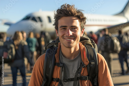 A man standing in front of an airplane on a runway.