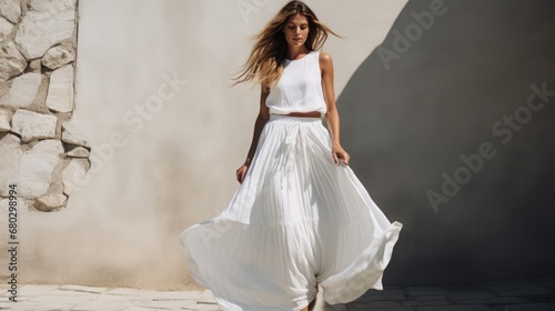 attractive woman, white maxi linen dress, concept: summer fashion
