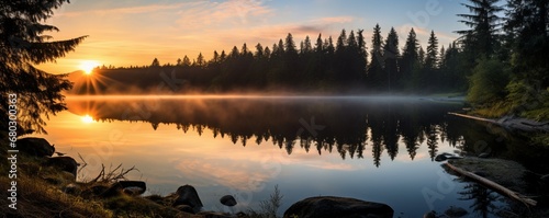 Focus on the smooth, reflective surface of a tranquil, mirror-like lake at dawn.