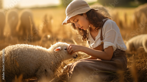 Young pretty cheerful peasant blond woman with lamb on countryside