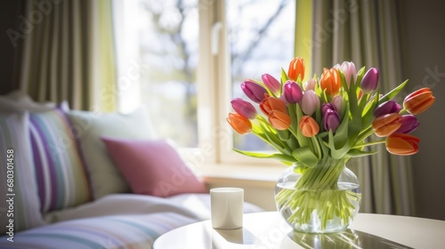 room at spring with tulips in a vase. 
