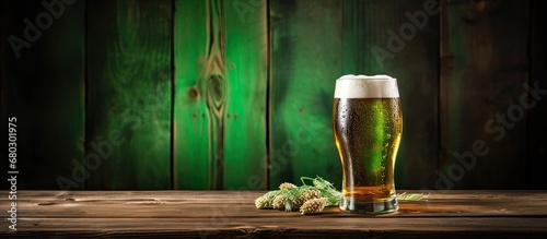 At the green wooden bar, a glass of craft beer sat on a flat table, emitting a natural hue due to its organic ingredients and liquid composition. The beer, a lager, showcased the artistry and skill