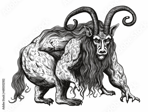 A Black And White Drawing Of A Horned Animal - mythologic satyr medieval bestiary.