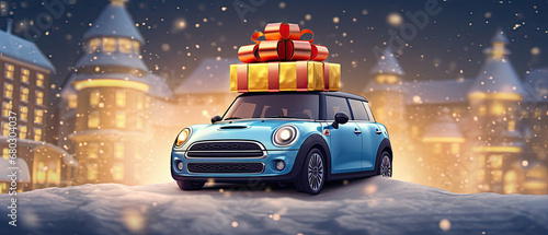 coche portando paquetes regalos de navidad empaquetados sobre el techo en superficie nevada y fondo de ciudad nevada nocturna