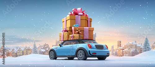 coche portando paquetes regalos de navidad empaquetados sobre el techo en superficie nevada y fondo de ciudad nevada