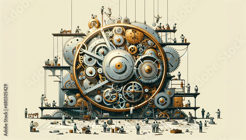 A minimalistic Illustration of Small Characters Assembling a Massive, Intricate Clockwork Mechanism. Generative AI. 4K Wallpaper