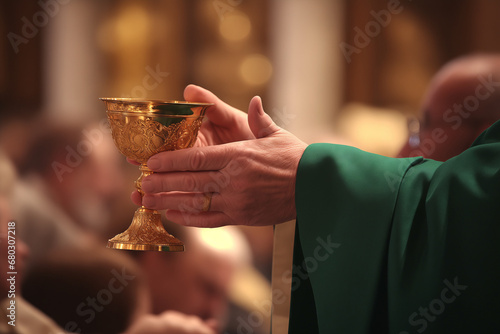 Close-up of hands holding a communion chalice Eucharist, with a religious Catholic vestment in the background.