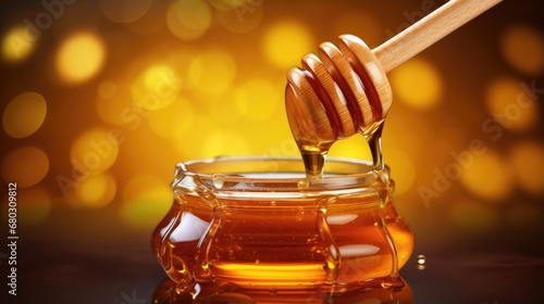 Close up of a jar of honey with a honey dipper. Healthy food concept background