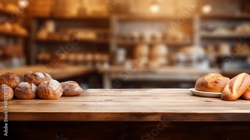 Wooden bakery table, empty board for presenting flour products