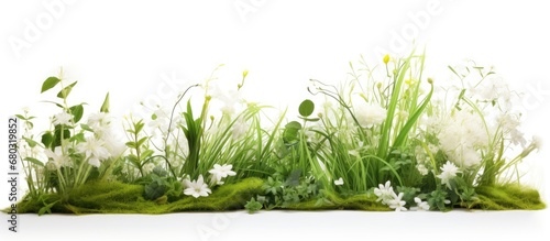 In an isolated white background, an abstract image of summer is portrayed through vibrant nature- spring grass, leaf, and white floral garden, all in the magnificent shades of green. The colors depict