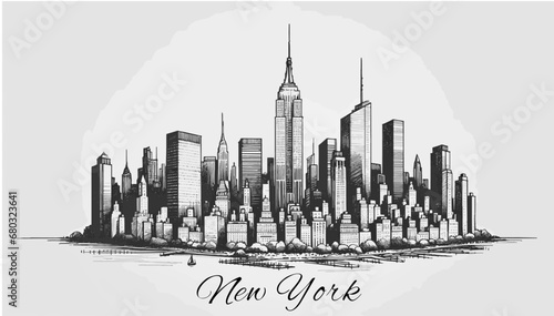 Diese atemberaubende Vektor-Illustration zeigt die Skyline von New York City in einem detailreichen Panoramastil. dieses Kunstwerk erfasst die ikonischen Wolkenkratzer der Stadt die niemals schläft.