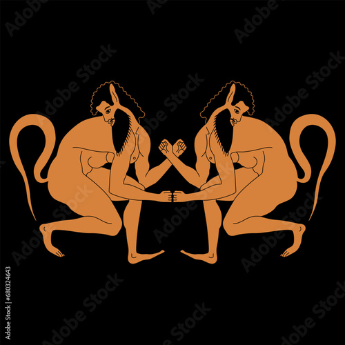 Symmetrical ethnic design with two squatting ancient Greek satyrs. Vase painting style. 