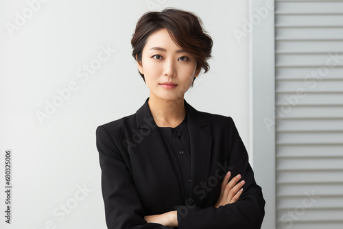Japanische Businessfrau mit verschränkten Armen stehend vor einem Fenster, weißen Wand, selbstbewusst, stark, Führungskraft, Business Outfit