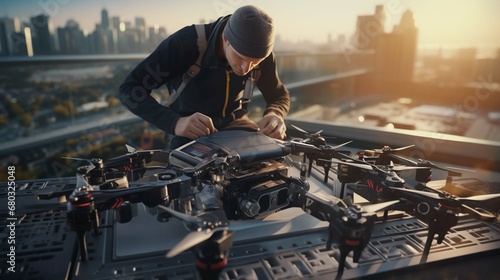 Technician repairing drone with digital camera on the roof of a modern building with solar panels. create using a generative ai tool 