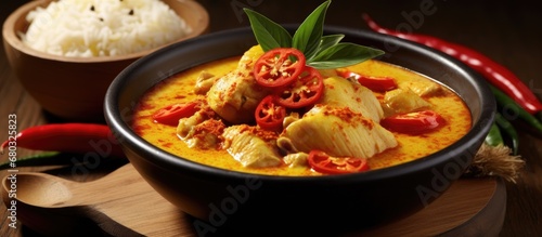 In an Asian restaurant, the chef cooked a delicious chicken gulai, a healthy and flavorful dish that is loved by tourists who travel for the best food experience on their vacation, pairing it with