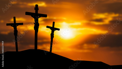 The Crucifixion Of Jesus Christ in twilight sky 3d rendering.