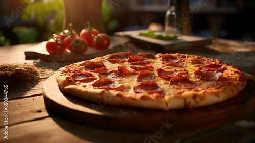 Delicious tasty of pepperoni pizza under wooden table