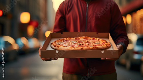 Pizza box in the hands of the beautiful delivery boy in street