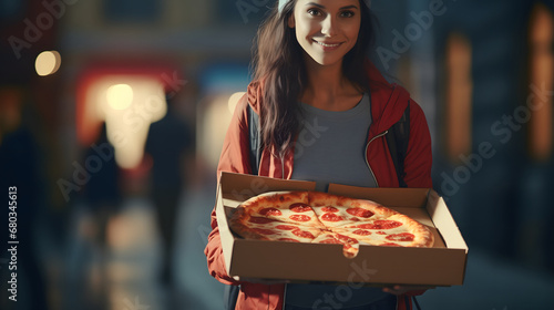 Pizza box in the hands of the delivery girl in the street