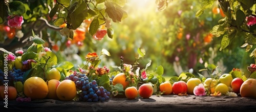 The vibrant colors of summer unfold in the lush garden, where nature thrives with green leaves and ripe fruits on the trees, enticing food and healthy diets.