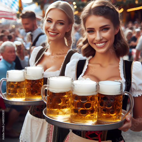 two waitresses with a tray of beer mugs at the oktoberfest. Generative AI