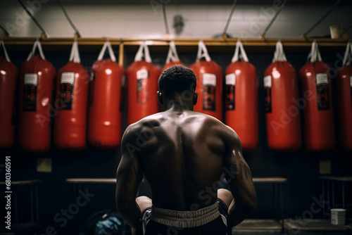 A close-up back view of a determined boxer sits quietly in the locker room, moments before entering the ring