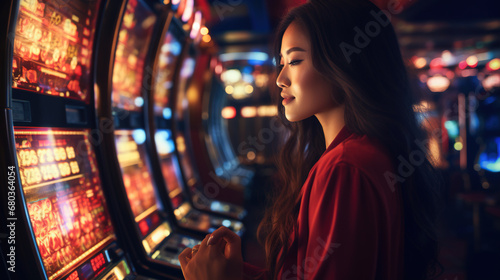  Young asian woman playing slot machine in casino. Casino concept