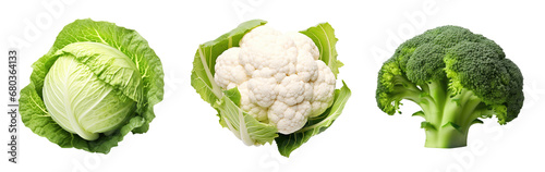 Cabbage, broccoli and cauliflower isolated on transparent background