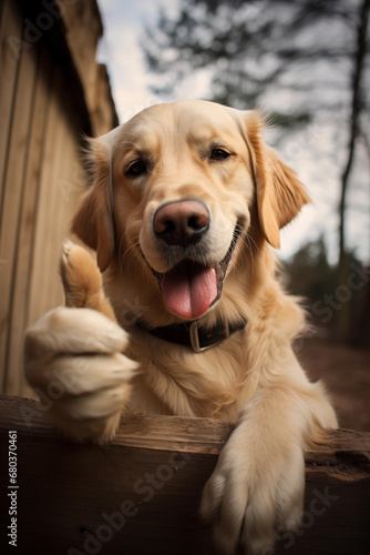 golden retriever labrador dog doing thumbs up sign outside in backyard