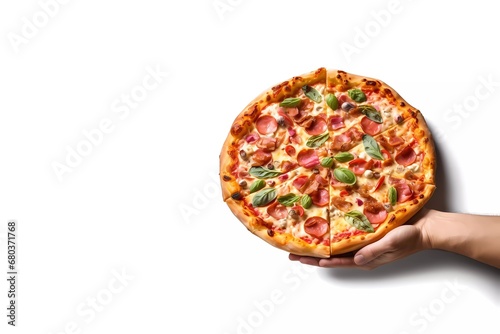 hand holding Italian pizza on white background. generative ai