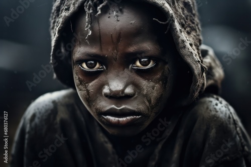 Close-up of poor starving orphan black boy slum boy in refugee clothes and eyes full of pain.