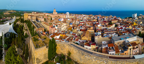 Aerial view of the Primatial Cathedral of Tarragona, a Roman Catholic church in Tarragona, Catalonia, Spain