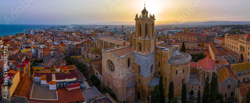 Aerial view of the Primatial Cathedral of Tarragona, a Roman Catholic church in Tarragona, Catalonia, Spain
