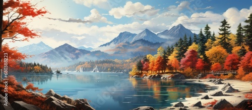 As they drove along the winding road, they marveled at the colorful autumn landscape, with its vibrant trees and old forests blending seamlessly with the blue sky and majestic mountains, painting a