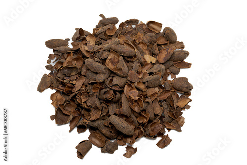 Cocoa husk to prepare infusion on white isolated background.